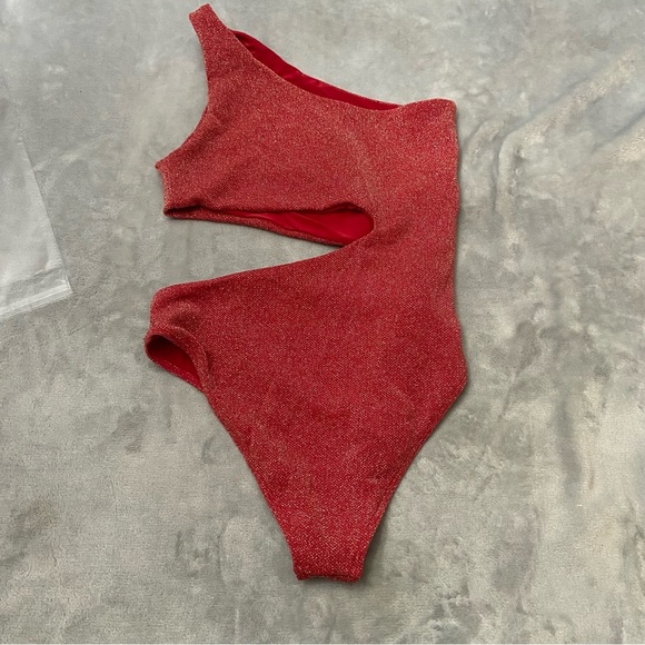 New! Beach Riot Red Metallic Celine One Shoulder One Piece Swimsuit 24035 - Picture 9 of 10